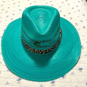Charlie 1 Horse Turquoise Right Meow Straw Hat with Leopard band size Medium